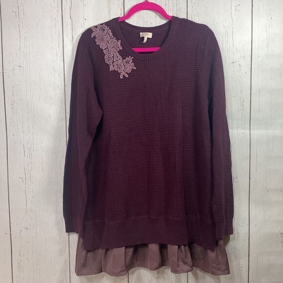 Logo by Lori Goldstein Waffle Knit Sweater Tunic Purple Lace Chiffon Hem Cottage - Picture 5 of 11